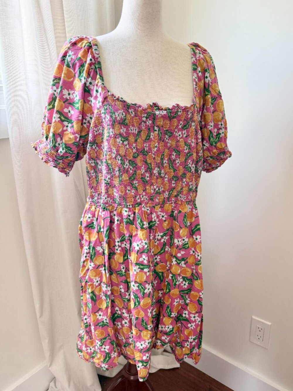 Draper James Dress 2X Pink Citrus Floral Puff Sleeve Smocked Mini - Picture 2 of 8